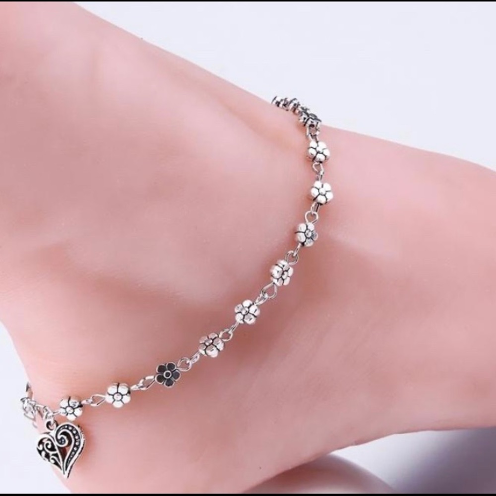 Women’s silver bead chain anklet heart plum flower
